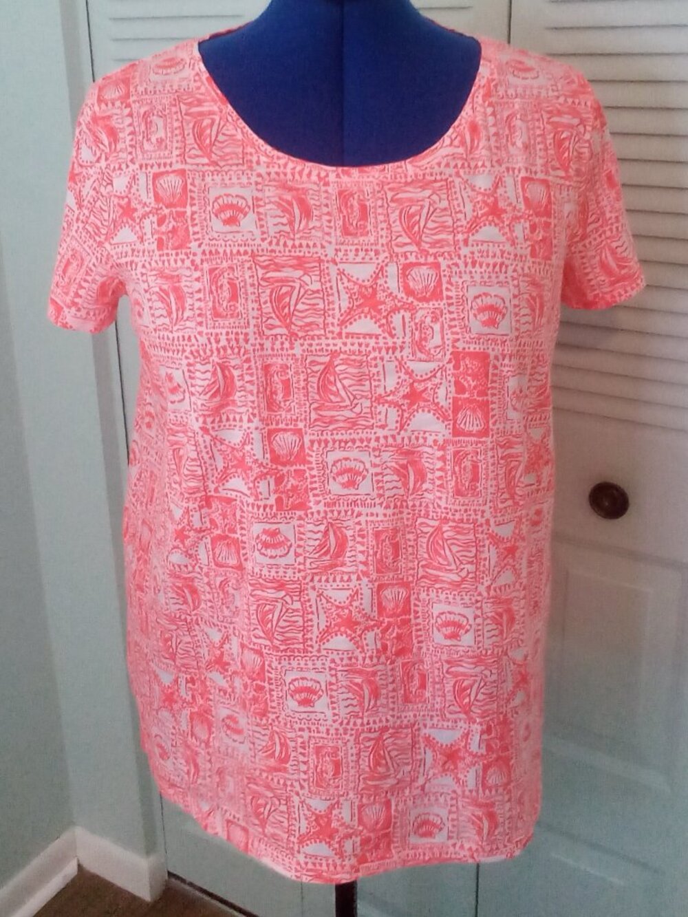 LILLY PULITZER XXL 100% COTTON ETTA SCOOP-NECK TOP IN MIZNER RED SEASIDE HARBOUR
